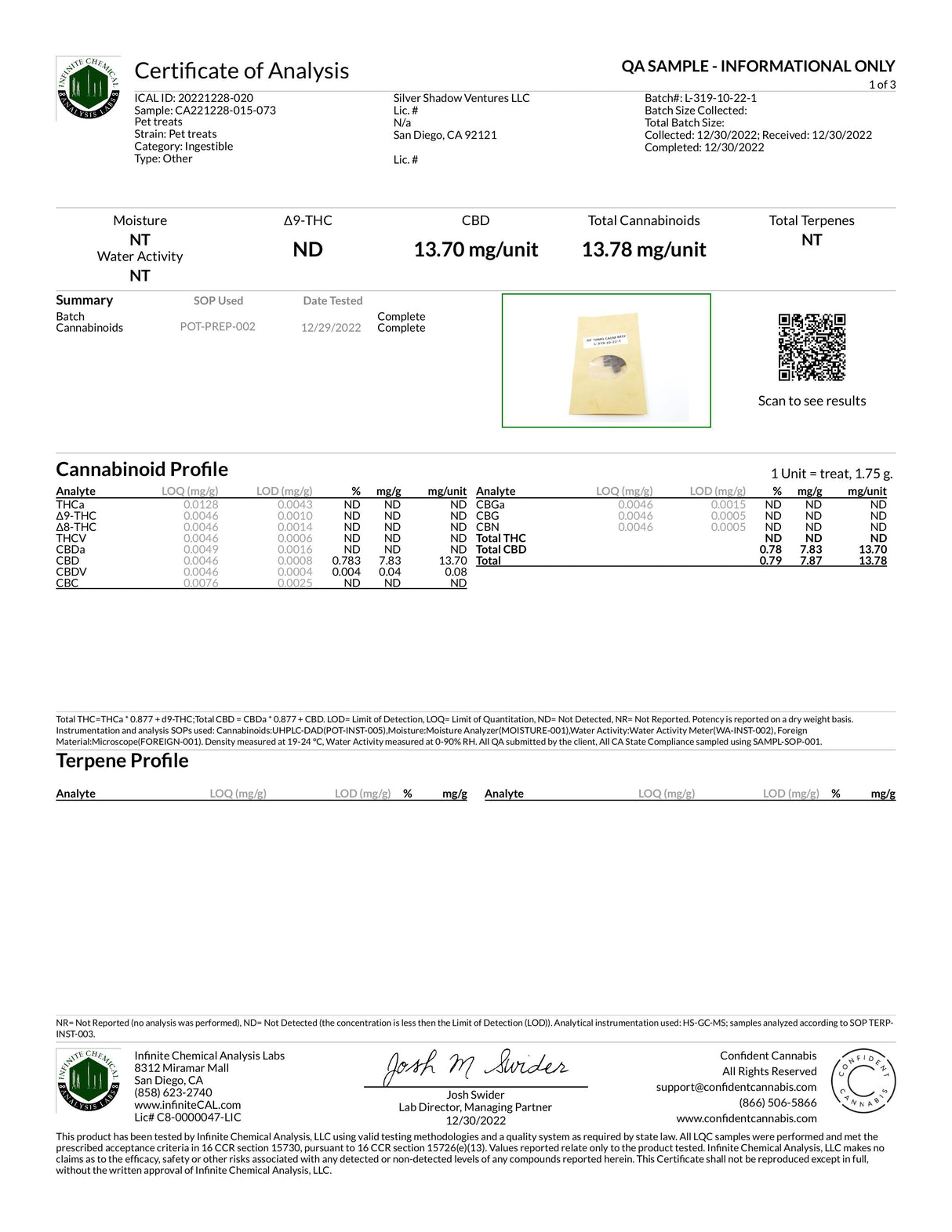 CBD Calming Pet Treats Certificate of Analysis